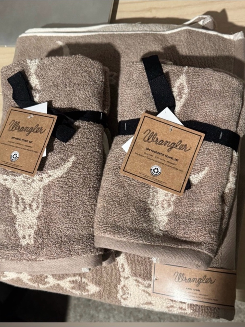 Wrangler Tan and Cream Western Skull Towel Set w/ bath, hand towels, wash cloths